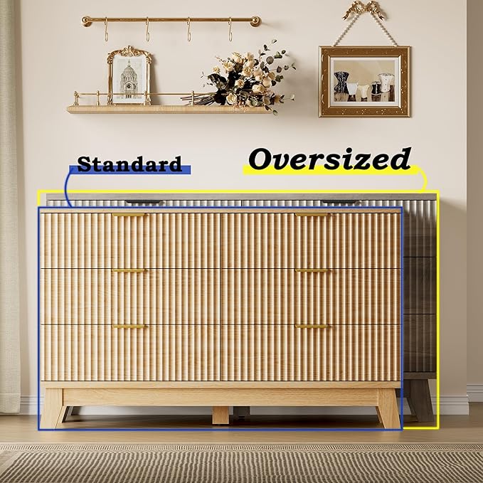 53" Long Dresser for Bedroom, 6-Drawer Dresser with Fluted Fronts, Wide Wood Chest of Drawers, Smooth Metal Slides, Stable Base, Modern Clothes Storage Cabinet for Living Room, Hallway