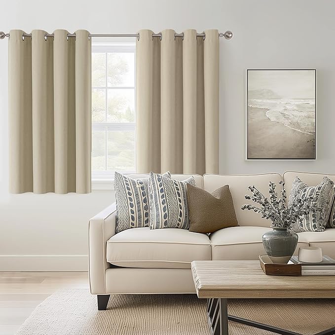 ChrisDowa 100% Blackout Tan Solid Curtains 54 Inches Long 2 Panels for Bedroom Living Room,Farmhouse Room Darkening Thermal Insulated Soundproof Grommet Top Window Treatment Drapes,52x54