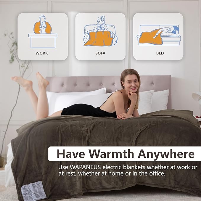 Wapaneus Foot Pocket Heated Blanket Electric Throw with 10 Heating Levels and Auto Shut Off,Flannel Fast-Heating Heated Throw 50" x 60",ETL Listed Machine Washable,Dark Brown