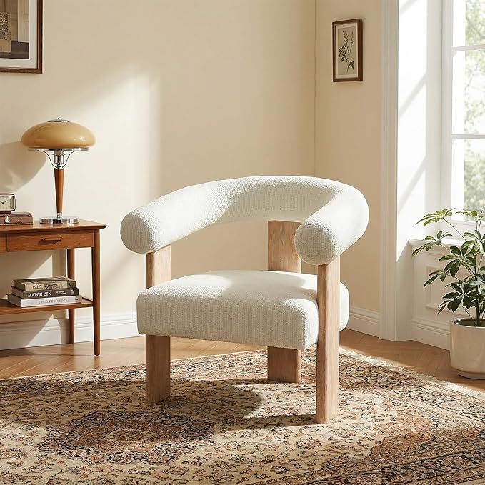 VKNOW Accent Chairs Set of 2, Modern Upholstered Living Room Chair Armchair with Solid Wood Legs, Comfy Barrel Arm Chairs for Living Room Bedroom, Cream