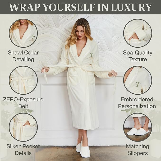 Lotus Linen Plush Robes for Women - Soft Bathrobe, Custom Monogram, Warm Fleece Robe with Pockets