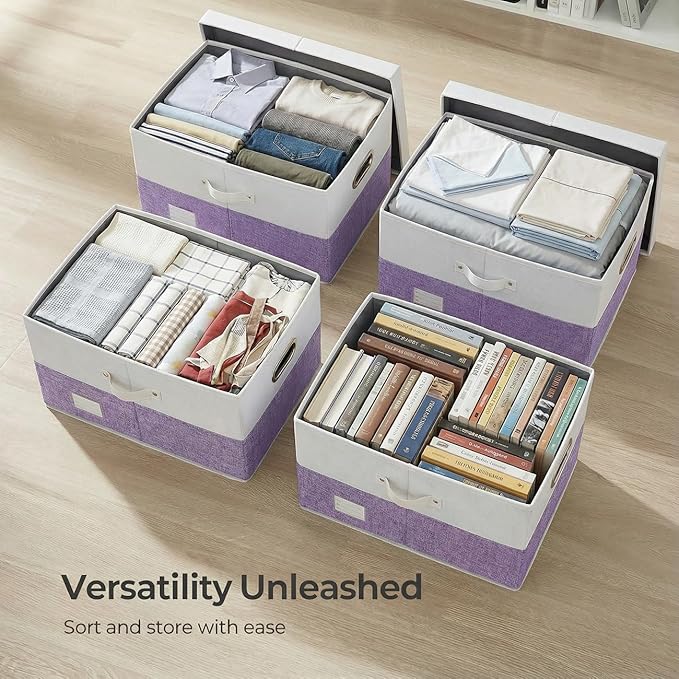 PRANDOM Collapsible Storage Bins with Lids [3-Pack] Linen Fabric Foldable Storage Boxes Organizer Containers Baskets Cubes with Cover for Bedroom Closet Nursery Purple&White (23.4X15.9X11.4)