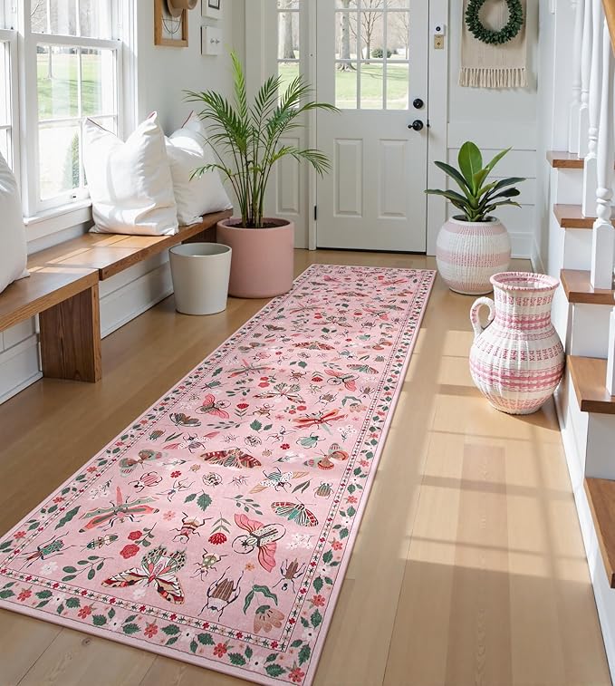 Lahome Insect Hallway Runner Rug, 2'5''x8' Ultra-Thin Washable Runners for Hallways Kitchen, Soft Laundry Room Rug Non-Slip Long Carpet for Entryway Bedroom Bathroom, Pink