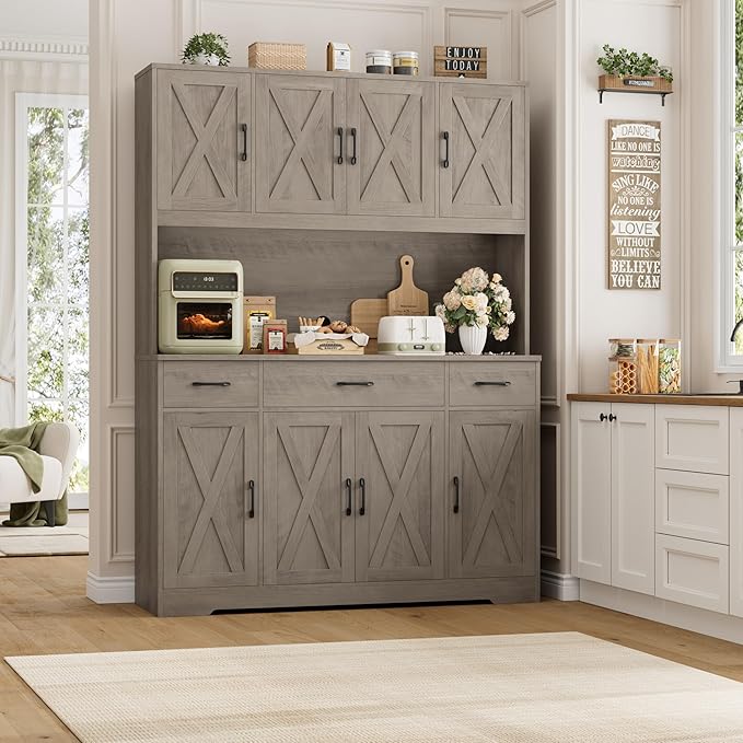 HOSTACK 71" Tall Kitchen Pantry Storage Cabinet with Charging Station, 55" Wide Kitchen Hutch Cabinet with Large Countertop, Farmhouse Food Pantry with Drawers for Living Room (Ash Grey)