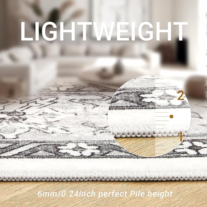 zesthome 6x9 Area Rug, Super Soft Washable Rugs for Living Room, Non-Slip Stain Resistant Vintage Rugs, Ultra-Thin Large Area Rugs (Grey/White,6'x9')