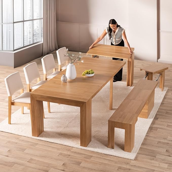 Transformer Table - Solid Wood Extendable Dining Table with Bench and 4 Stackable Chairs, Seats 2-12, Expandable Table, Natural (Table + Bench + 4 Chairs)