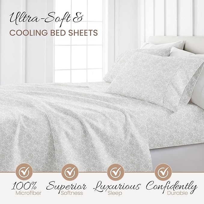 Linen Market 4 Piece King Sheet Set - Breathable, Double-Brushed Patterned Cooling Sheets – Oeko-TEX Certified Ultra Soft & Wrinkle-Free 16" Deep-Pocket King Sheets - Easy Care Coarse Paisley Gray