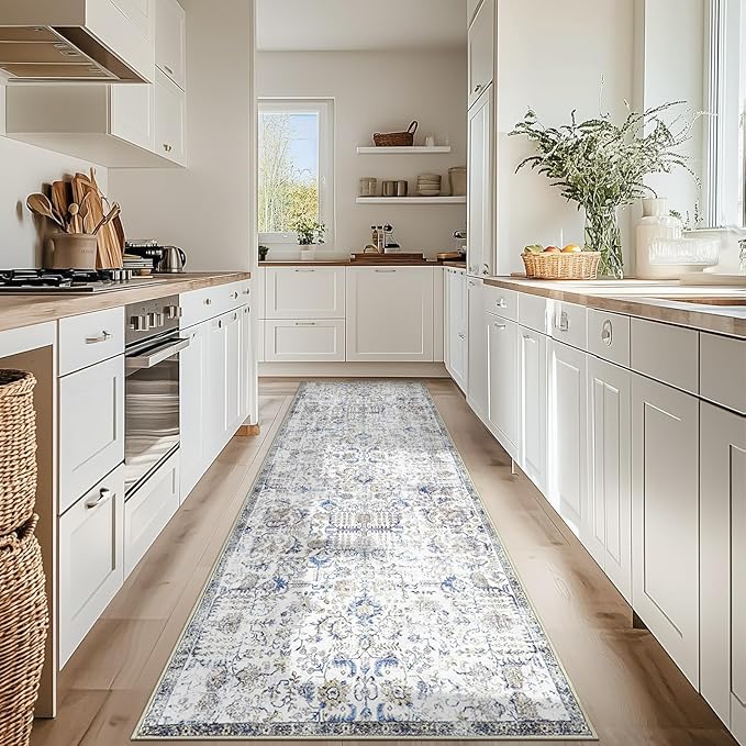 jinchan Kalen Runner Rug 3x10 Washable Hallway Rug Vintage Indoor Thin Retro Floor Cover Floral Country Lightweight Non Slip Carpet for Entryway Bathroom Kitchen Bedroom Living Room Stairway Blue