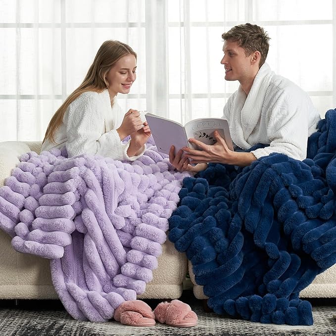 Cozy Bliss Faux Fur Throw Blanket for Couch, Cozy Warm Plush Striped Blanket for Sofa Bedroom Living Room, 60 * 80 Inches Lavender