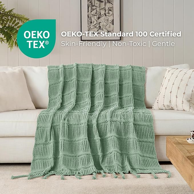 Boho Knitted Chenille Blanket with Tassels - Lightweight & Soft All-Season Throw - 3D Classic Pattern for Living Room Bedroom Couch, Sage Green, Throw 50"x60"