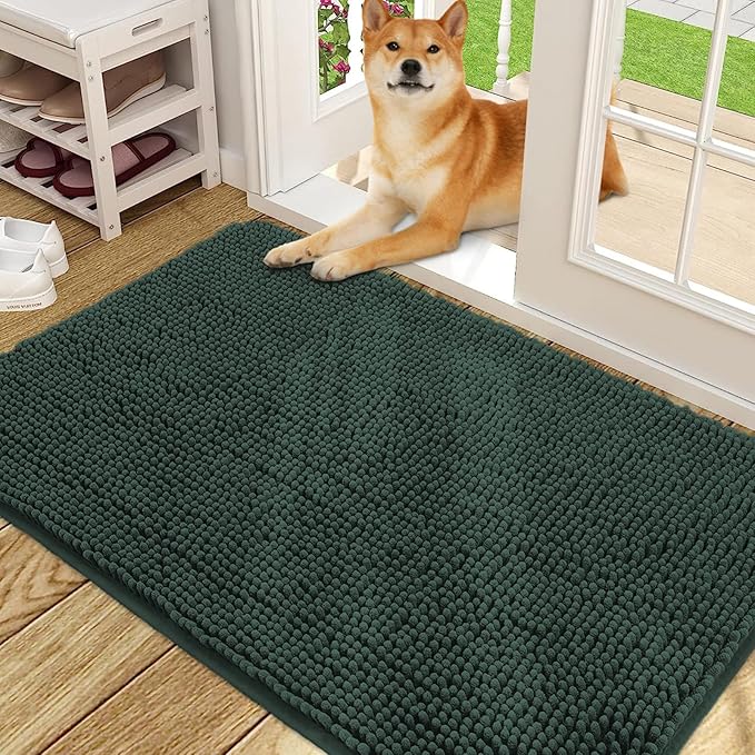 OLANLY Dog Door Mat for Muddy Paws 48x30, Absorbs Moisture and Dirt, Absorbent Non-Slip Washable Doormat, Quick Dry Chenille Mud Mat, Entry Indoor Entryway Carpet for Inside Floor, Blackish Green