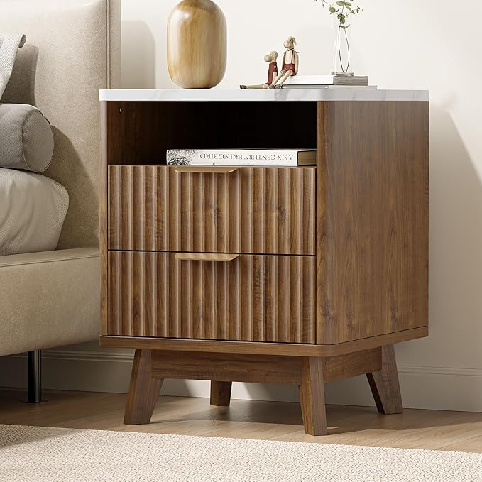 Fluted Nightstand with 2 Drawers, 18" Modern Night Stand with Faux Marble Top, Open Storage Shelf, Curved Edge Bedside Table for Bedroom, End Side Table (2, Walnut)