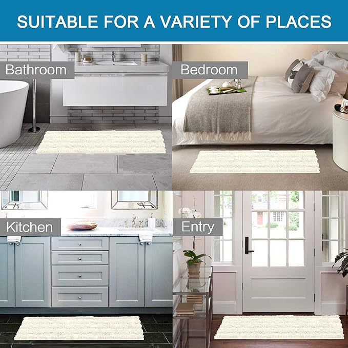 H.VERSAILTEX Bathroom Rugs Bath Rug Set 2 Piece Bathroom Contour Rug Toilet Mat Sets Non Slip Contour Bath Rug Ultra Thick Water Absorbent Striped Bath Mats Washable(47" x 17" Plus 20" x 20" U, Cream)