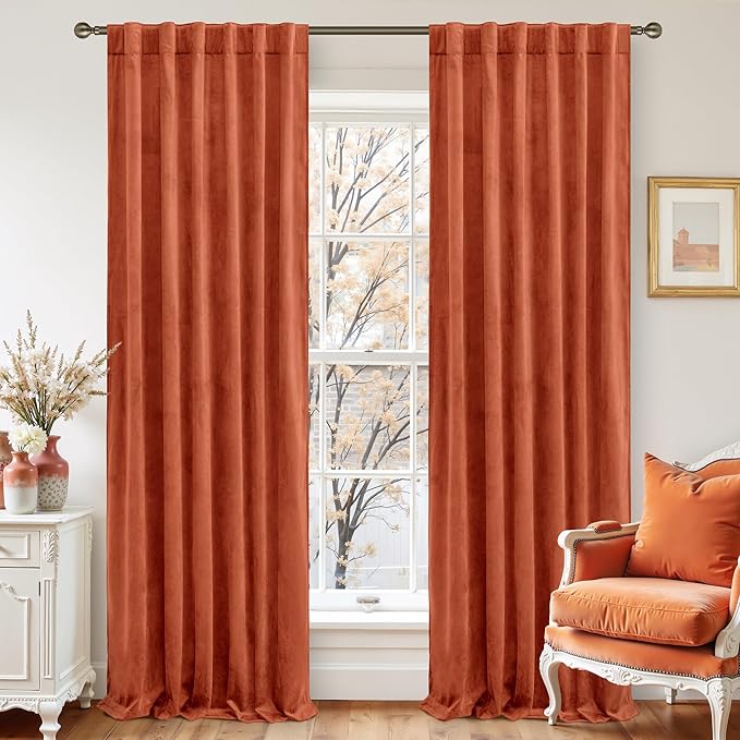 LAMIT Velvet Curtains 120 Inch for Living Room, Terracotta Thermal Insulated Room Darkening Drapes Rustic Vintage Noise Reducing Panels with Back Tab and Rod Pocket, 2 Panels, 52 x 120 Inch