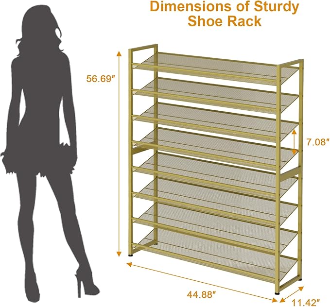 Large Shoe Rack 8 Tier Shoe Organizer, Heavy Duty Metal 4-Tier Stackable Shoe Storage Vertical Shoe Rack for Closet Front Door Entrance, Up to 50 Pairs, 44.8" W x 11.4" D x 56.7" H, Gold