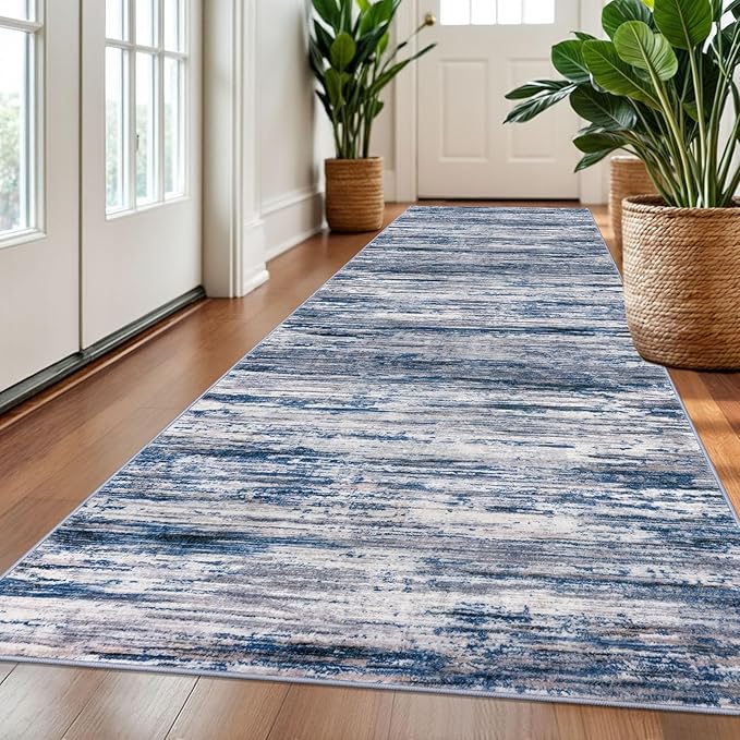 3x10 Modern Abstract Runner Rug for Hallways, Navy Blue Gray Neutral Multi Super Soft Hallway Decor Kitchen Rugs with Non-Slip, Non-Shedding Washable Rug for Entryway Bedroom Indoor