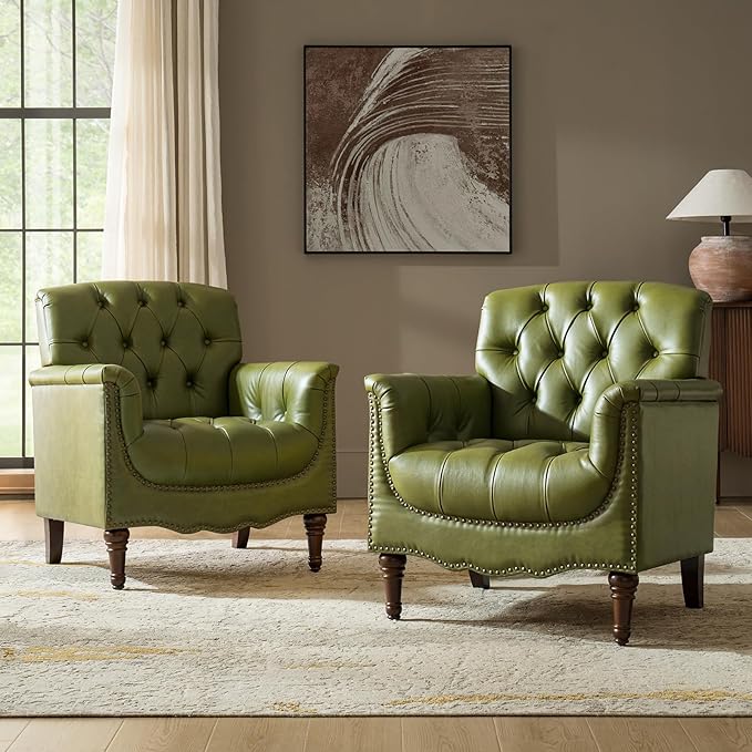HULALA HOME Mid Century Modern Leather Club Chairs Set of 2, Top-Grain Genuine Leather Armchairs with Button-Tufted Back & Solid Wood Legs, Accent Chairs for Living Room/Bedroom/Home Office, Olive