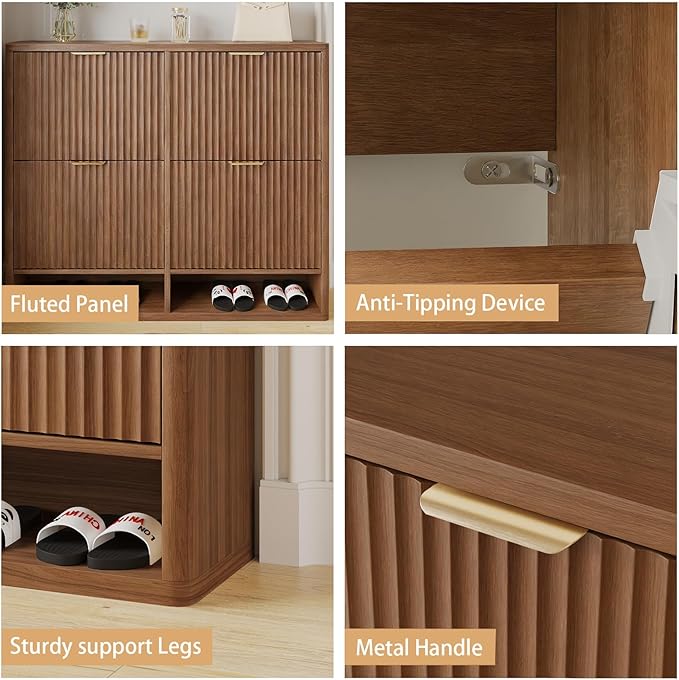 Fluted Shoe Cabinet Storage with 4 Flip Drawers, Narrow Shoe Storage Organizer for Entryway, Hidden Slim Wooden Shoe Rack Cabinet for Front Door Entrance, Hallway, Living Room (4-Drawer, Walnut)