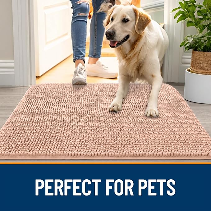 OLANLY Dog Door Mat for Muddy Paws 59x35, Absorbs Moisture and Dirt, Absorbent Non-Slip Washable Doormat, Quick Dry Chenille Mud Mat for Dogs, Entry Indoor Entryway Carpet for Inside Floor, Peach