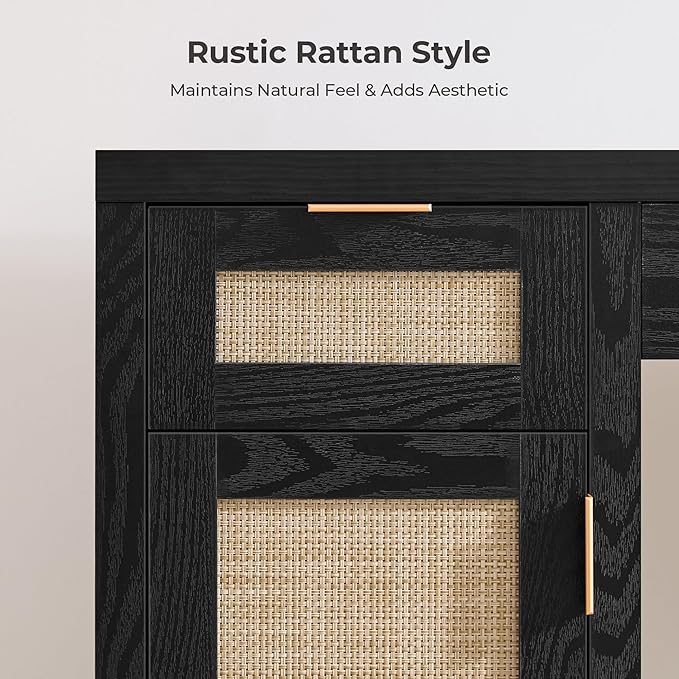 SICOTAS Rattan Vanity Home Office Desk - 52" Large Farmhouse Boho Makeup Vanity Dressing Table with 3 Drawers & 2 Storage Cabinets, Vanities Desk for Makeup Room, Bedroom, Home Office, Black Oak