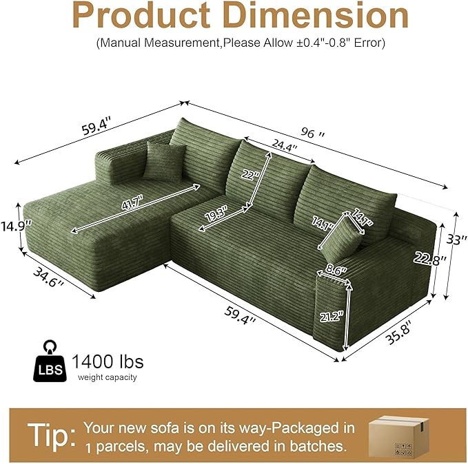 96" Sectional Couches for Living Room Modern Modular Sofa with L-Shape Couchs Upholstered Boneless Couch Deep Seat Sectional Couch with Chaise (Green, 96" Left Facing Chaise+2Seaters)
