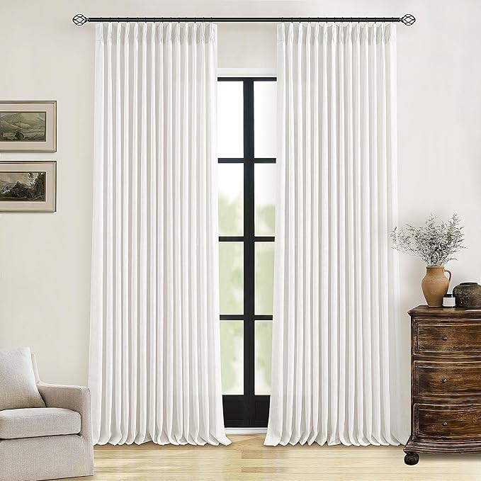 Beige White Pinch Pleated Linen Curtains 2 Panels 100 Inches Long for Living Room Bedroom Memory Training Shaped Semi Sheer Pleat Drapes with Hooks Rings Light Filtering Window Curtain 40x100