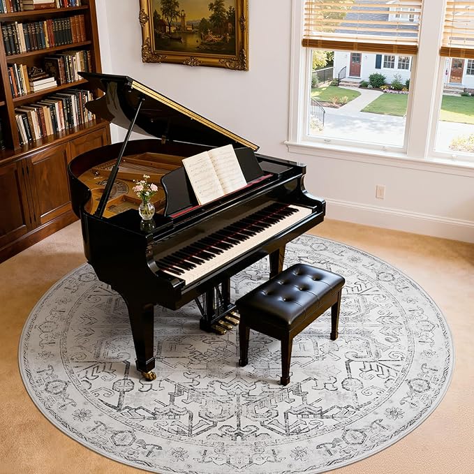 jinchan Lima Round Rug 8ft Vintage Machine Washable Area Rug Indoor Circle 8' Ultra-Thin Non-Slip Floral Print Carpet for Farmhouse Entryway Dining Room Living Room Bedroom Office (8'Round, Grey)