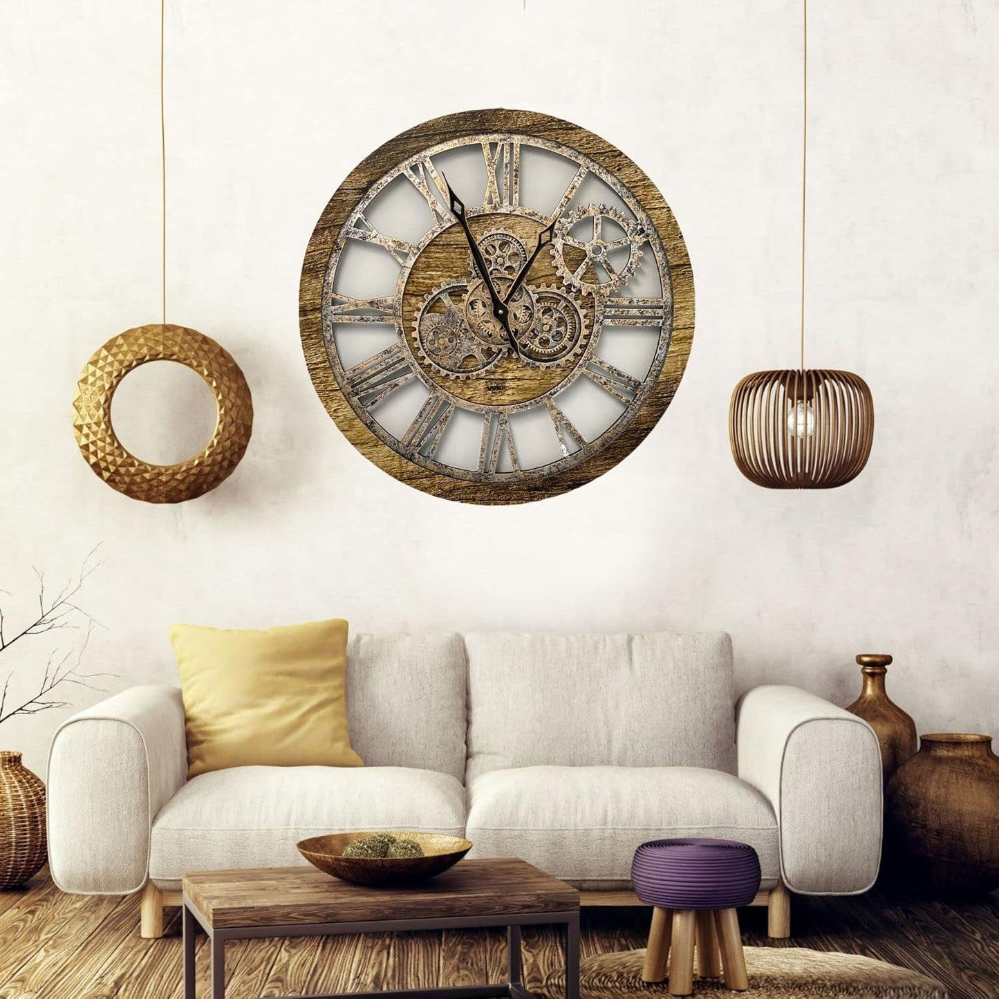 The Gears Clock The Original Real Moving Gear Wall Clock Vintage Industrial Oversized Rustic Farmhouse (24 inch (60cm),Gold Antique)