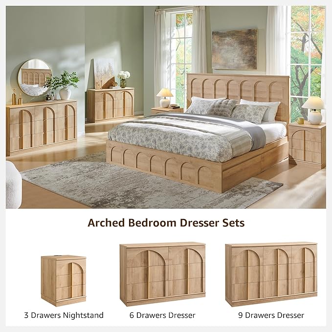 ACCOHOHO Arched Dresser for Bedroom with 9 Drawers, 52" Wide Modern Chest of Drawers with Rounded Edge & Metal Handles, Wood Storage Closet Dressers TV Stand for Living Room, Hallway, Natural Oak