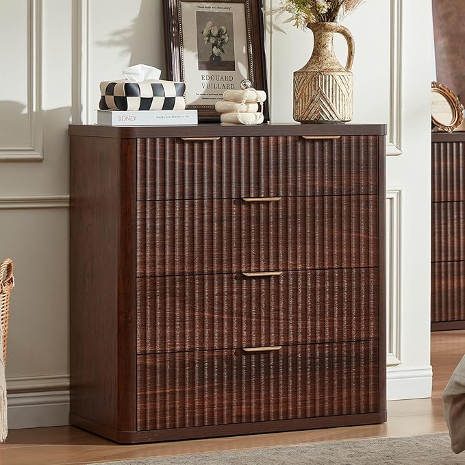 LEYAOYAO Fluted 5 Drawers Dresser for Bedroom Set of 2, 34" Tall Modern Chest of Drawers with Metal Handle, Curved Profile Design,Wood Drawer Organizer for Bedroom, Living Room, Hallway,Walnut