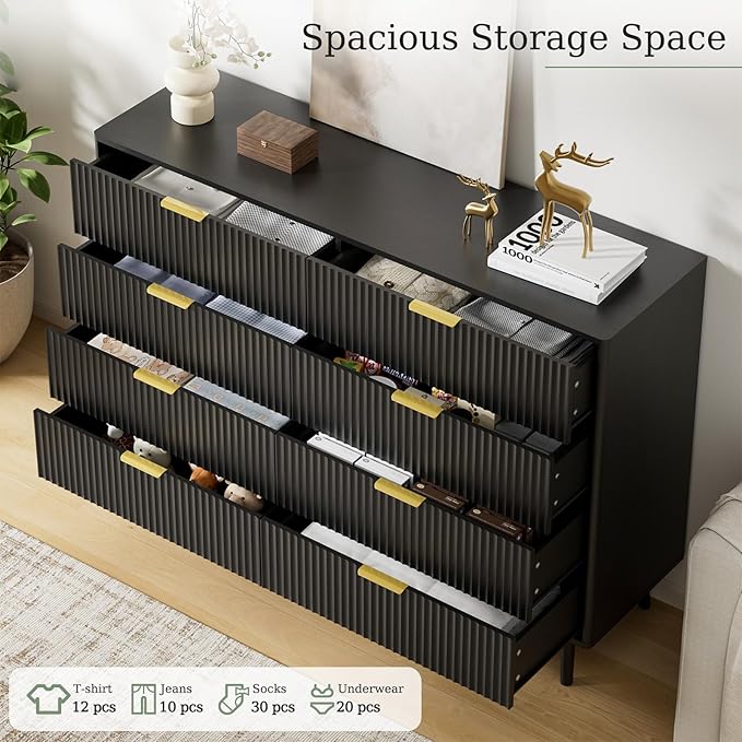 LYNSOM Fluted 8 Drawer Dresser for Bedroom, 55" Wide Modern Chest of Drawers with Curved Profile Design and Metal Handles, Wood Dresser TV Stand & Storage Organizer for Bedroom, Hallway, Black