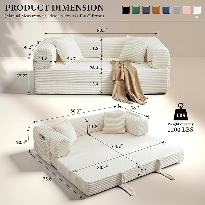 Boneless Couch Folding Couches for Living Room Sofa, Futon Sofa Bed with Sleeper Sofa, Futon Couch with Fixed-Shape Oversized Corduroy Upholstered (White, 81 Inches)