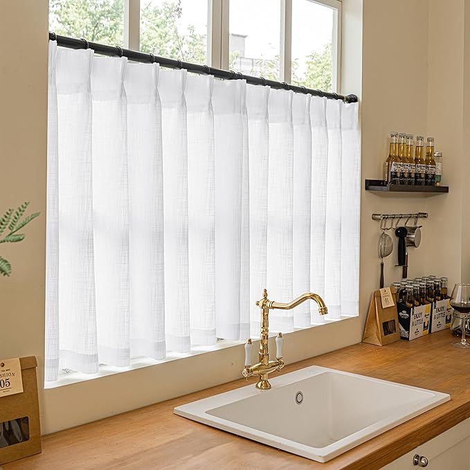 Pleated White Linen Cafe Curtains 30 Inch Length 2 Panels Privacy Light Filtering Semi Sheer Front Door Small Window Boho Farmhouse Pinch Pleated Short Curtains for Bathroom Kitchen Basement