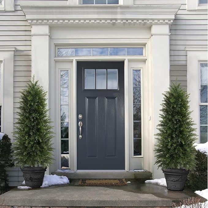 5FT Artificial Cedar Trees Set of 2, Realistic Faux Evergreen Topiary Bushes Plants, Outdoor Potted Fake Cypress Shrubs for Front Porch Garden Home Living Room Decor