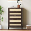 LINSY Rattan 5 Drawer Dresser for Bedroom, 46" Tall Mid-Century Modern Chest of Drawers, Deep Storage Dresser with Curved Corner Design, Large Accent Wood Cabinet for Bedroom, Walnut