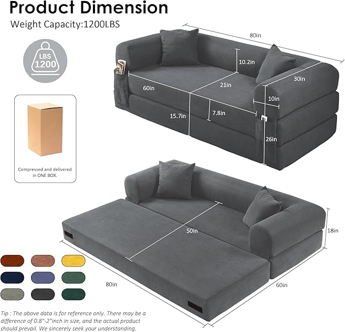 80” Convertible Sofa Bed, Cloud Boneless Couch Floor Sleeper Bed with Pillows, Corduroy Compression Sofa in Box, No Assembly Modular Lounge Couch for Living Room, Smog Gray