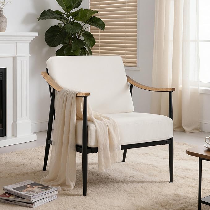 Modern Accent Chair for Living Room Bedroom Mid Century Arm Chair Upholstered Office Accent Chair Comfy Waiting Room Chair with Metal Frame, Cream White