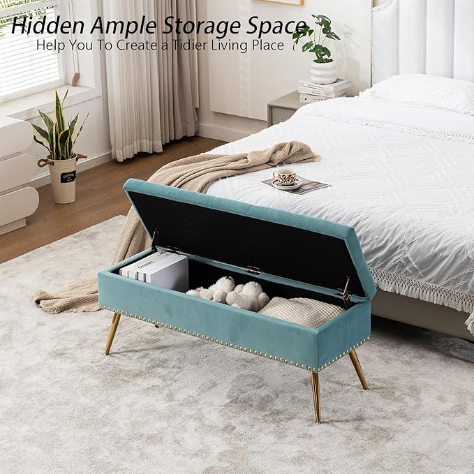Velvet Storage Bench with Gold Legs& Nailhead Trim, 46" Wide Upholstered Modern Bedroom Bench for End of Bed, Tufted Ottoman for Entryway Living Room Dining Room (Sage Green, 46" Wide)