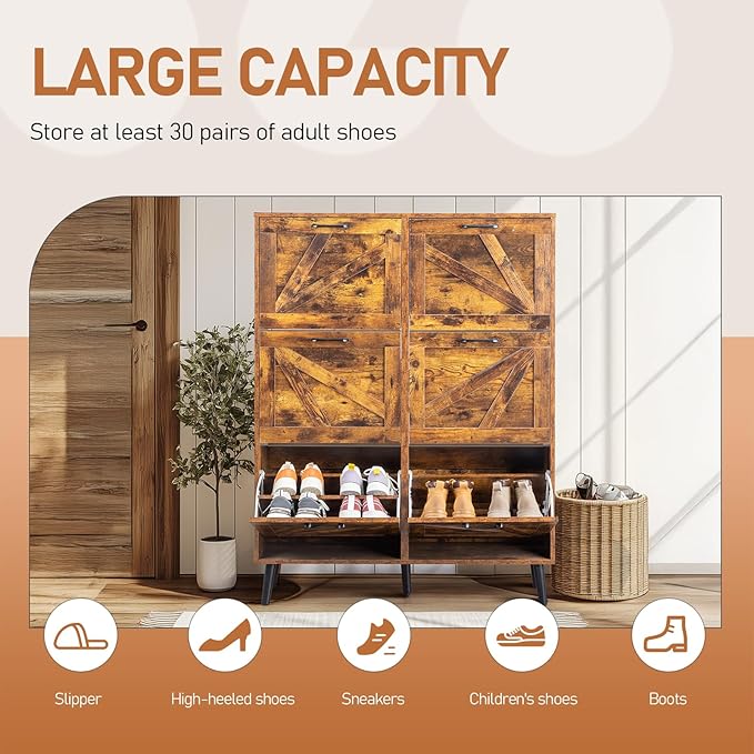 VINGLI 6 Flip Drawer Shoe Cabinet for Entryway, Rustic Brown Shoe Storage Cabinet with 5 Solid Wood Legs, Farmhouse Barn Door Design Tall Shoe Organizer for Hallway, Bedroom, or Living Room