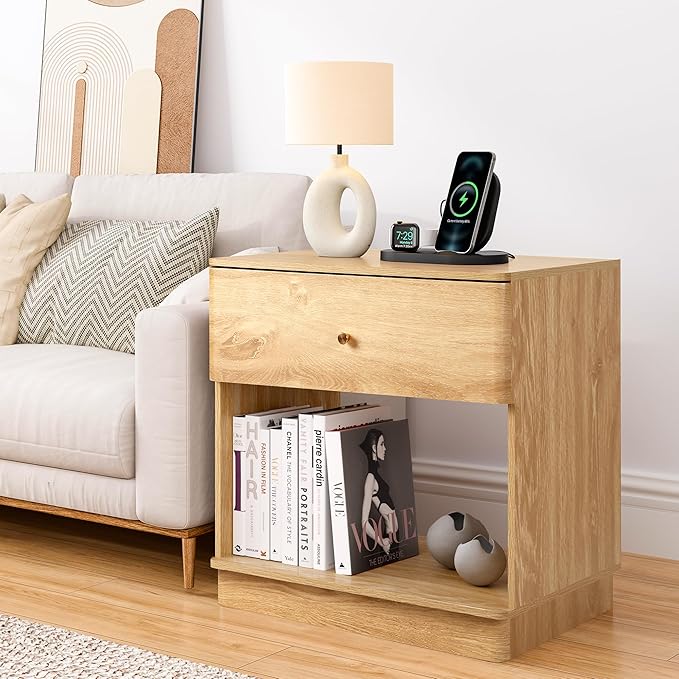 Narrow Nightstand Set of 2, Wooden Small 2 Drawer Nightstand, Slim Side End Table, Skinny Bedside Table, Mid Century Modern Night Stand with Drawers, for Living Room (Natural-Charging Station-2 pcs)