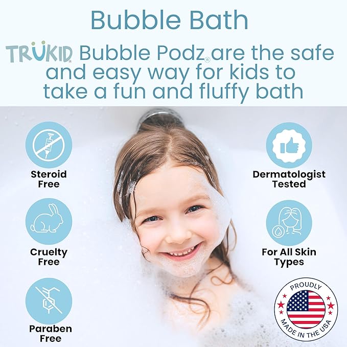 TruKid Bubble Podz Bubble Bath for Kids, Toddlers, & Babies, Tear Free Gentle & Refreshing Bath Bomb for Sensitive Skin with Natural Moisturizers, Non-Toxic, pH Balanced, Cherry Scent (24 Podz)