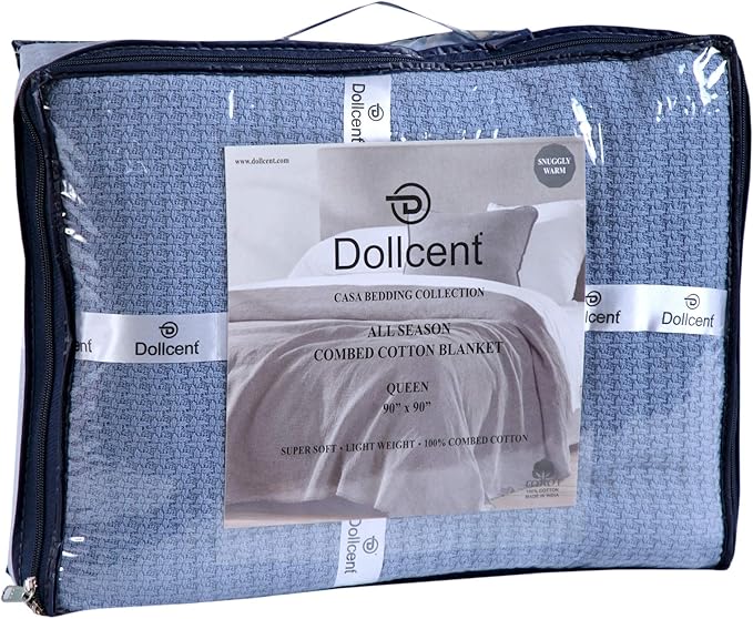 DOLLCENT 100% Cotton King Size Blanket for Bed, Premium Soft Combed Lightweight Blankets, Washed Breathable Cozy Bed Throw Blanket, Blue King Cotton Blankets for All Season: Blue (108"x90")
