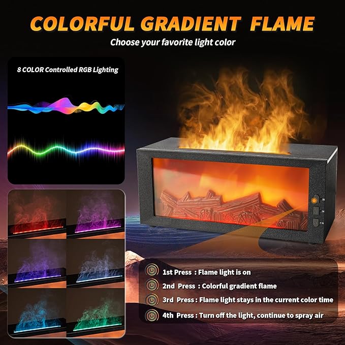 BOHOFAM Fireplace Essential Oil Aroma Diffuser,Flame Air Humidifiers 300ML,14-Hour Runtime,Colorful Flame Diffusers for Home,Included 4 * 10ML Hotel Collection Diffuser Oils for Bedroom(Black)