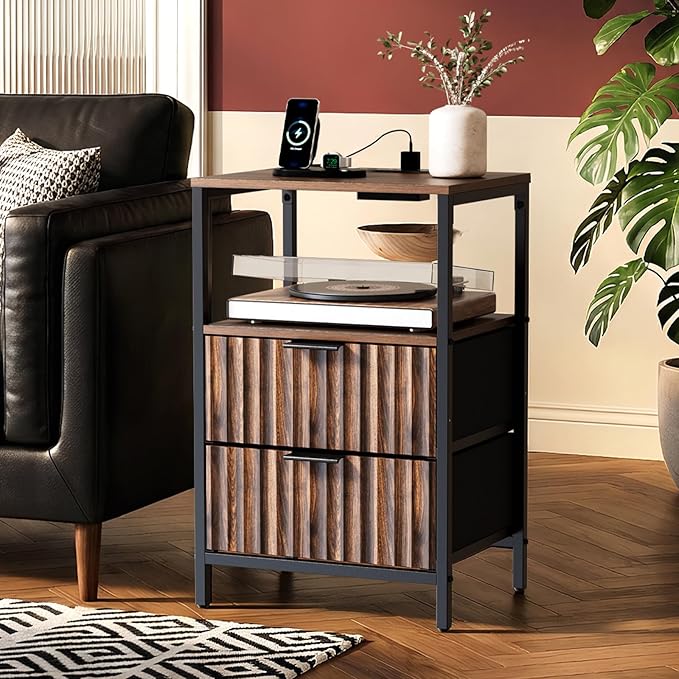 VINGLI Walnut Nightstand with Charging Station, Nightstand Fluted with Drawers Fabric, Bedside Table/End Table with Charger Station, Side Table Bedroom, Small Night Stand Dark Walnut