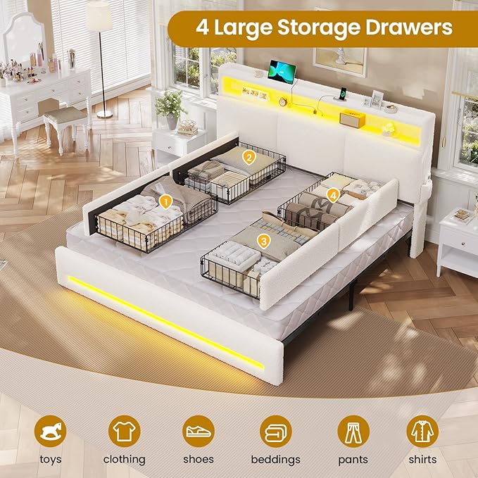 VIAGDO King Bed Frame with Storage Headboard and Charging Station, Boucle Upholstered Bed Frame King Size with 4 Drawers and LED Lights, Type C and USB, No Box Spring Needed, Cream White