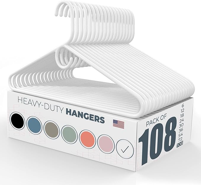 Neaties Heavy Duty Clothes Hangers 100 Pack (108 Count) – Made in The USA – 8lb Capacity Plastic Hangers for Adult Clothing – Durable for Pants, Coats, Jackets, or Jeans – White