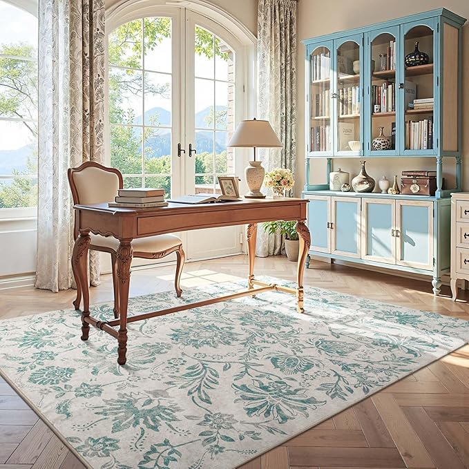 jinchan Torino Floral 5x7 Area Rugs Vintage-Inspired Design Accent Rug Machine Washable Ultra Thin Low Pile Non-Slip Traditional Carpet for Living Room Bedroom Dining Room Home Office