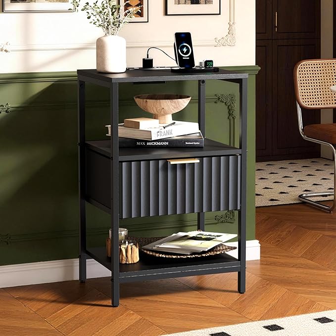 VINGLI Nightstand with Charging Station, Fluted Night Stand with Fabric Drawer, Bedside Table/Small Night Stand with Charger Station for Bedroom, Dorm, 14.96" W*11.81" D*23.7" H