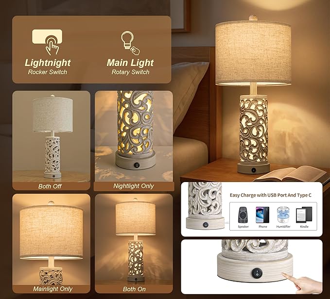 OYEARS Bedside Table Lamps Set of 2 with USB & Night Light, 22'' Farmhouse Bedroom Lamps for Nightstand, Vintage Table Lamps for Bedroom Living Room Home Offce (Bulb Included)