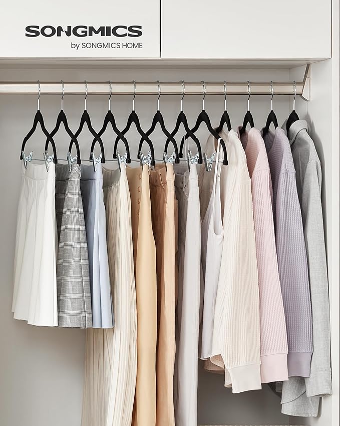 SONGMICS 20-Pack Pants Hangers, 16.7-Inch Long Velvet Hangers with Adjustable Clips, Heavy-Duty, Non-Slip Skirt Hangers, Space-Saving for Pants, Skirts, Coats, Dresses, Black UCRF012B20